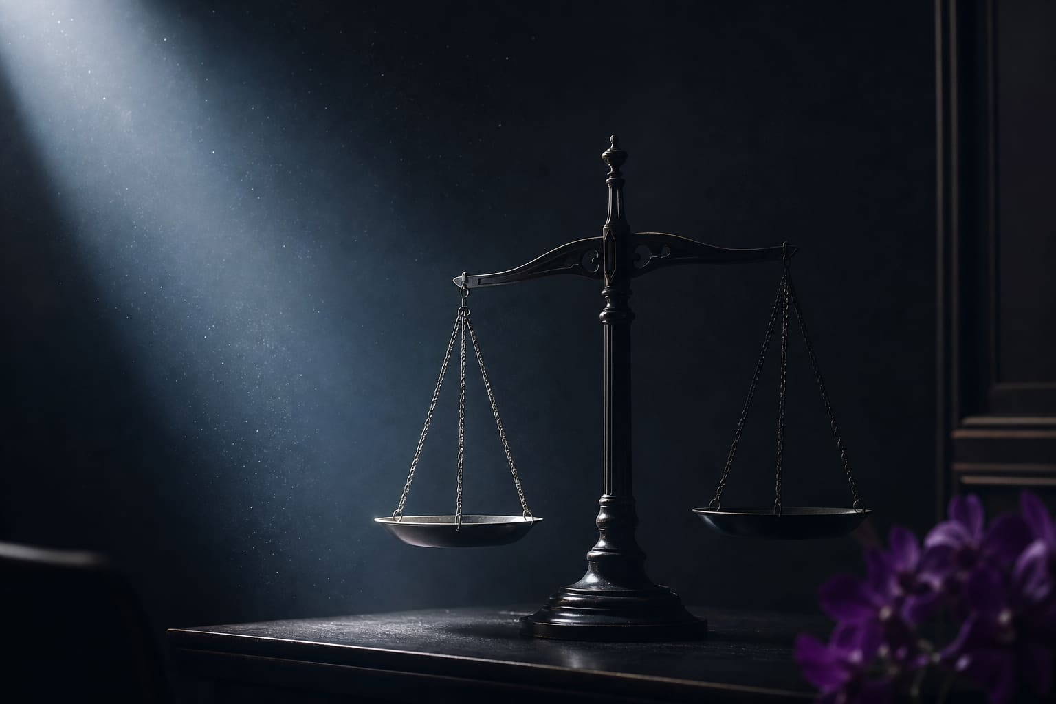 Präzisionswaage in kühlem Lichtschacht auf dunklem Schreibtisch