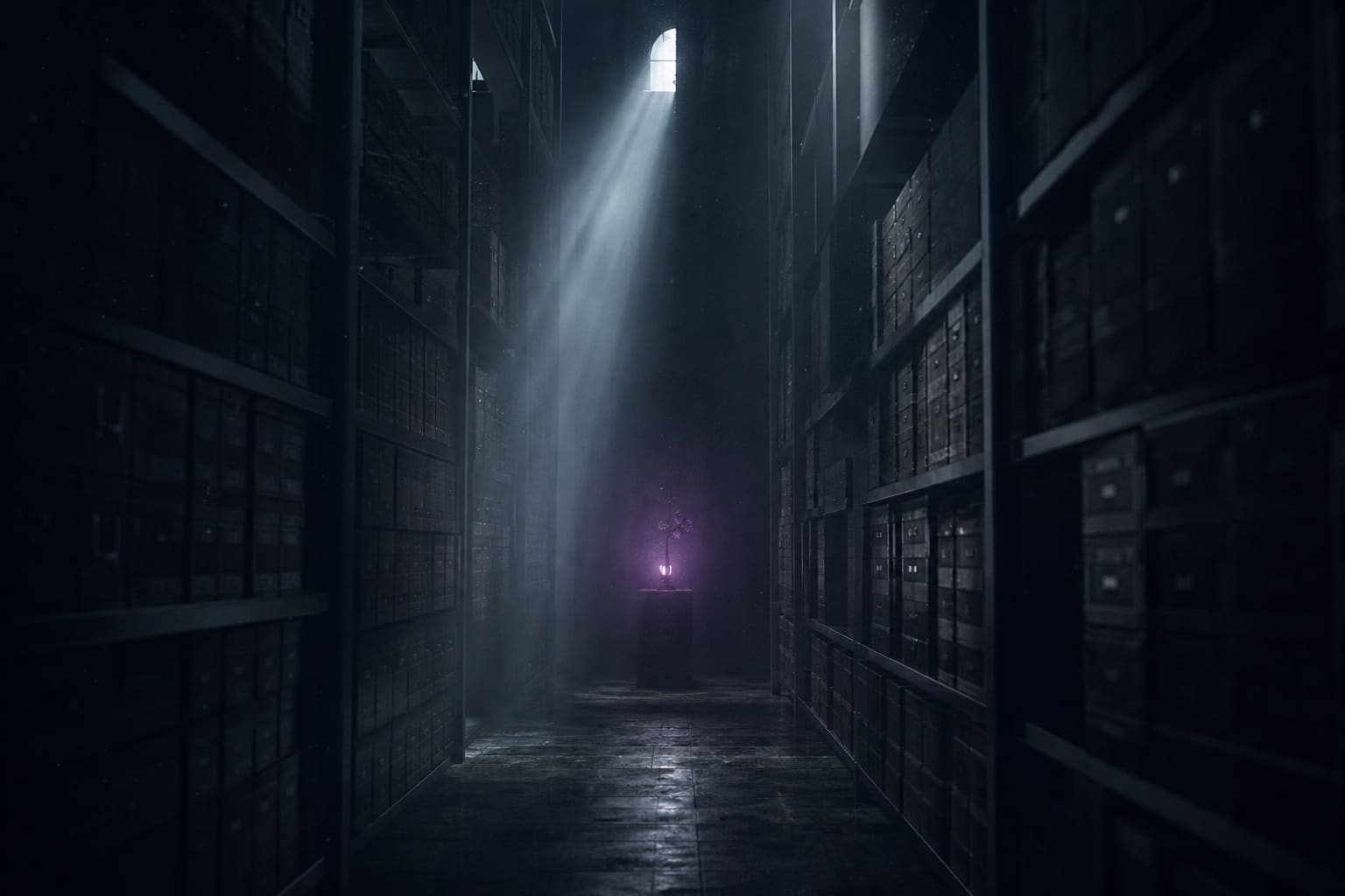 Dunkler Archivkorridor mit hohen Regalen in kühlem Lichtschacht